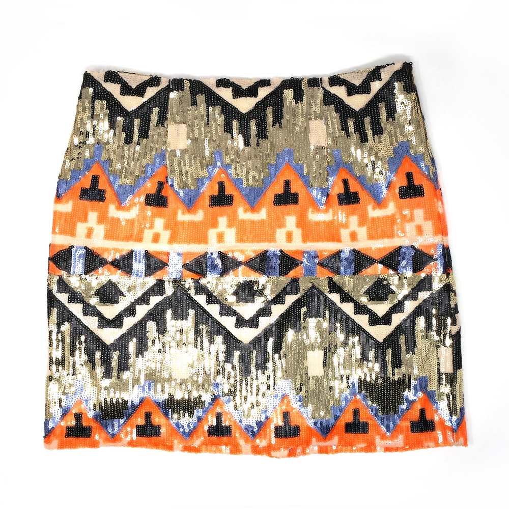 Sequin Aztec print mini skirt, orange and gold